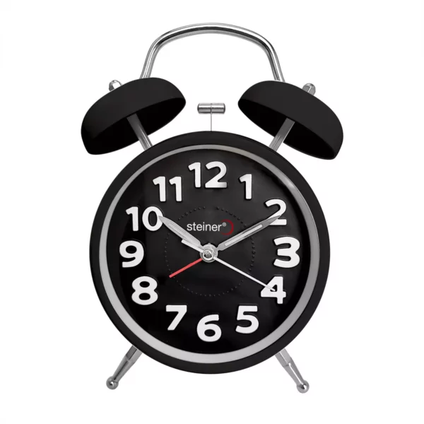 Reloj despertador negro con alarma de campana